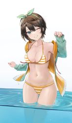Rule 34 | 1girl, anizi, aqua eyes, bikini, breasts, brown hair, cleavage, halterneck, highres, hololive, looking at viewer, medium breasts, navel, one eye closed, oozora subaru, oozora subaru (hololive summer 2019), parted lips, short hair, smile, solo, striped bikini, striped clothes, swimsuit, thighs, virtual youtuber