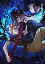 Rule 34 | 2boys, black footwear, black hair, black pants, black shirt, blonde hair, blue fire, boku no hero academia, boots, brown pants, burn scar, burning, burnt wings, cheek piercing, clenched teeth, commentary, cross-laced footwear, dabi (boku no hero academia), ear piercing, earrings, english commentary, eye contact, facial hair, falling, feathers, fighting, fire, forked eyebrows, from side, hand on another&#039;s face, hawks (boku no hero academia), high collar, highres, holding, holding feather, jacket, jewelry, lace-up boots, looking at another, male focus, midair, multiple boys, multiple scars, open mouth, pants, piercing, profile, pyrokinesis, red feathers, red wings, redwing602, scar, scar on arm, scar on face, scar on neck, scratches, shirt, shirt grab, short hair, short sleeves, single earring, smile, spiked hair, stepped on, stubble, teeth, twitter username, white shirt, wings, yellow eyes