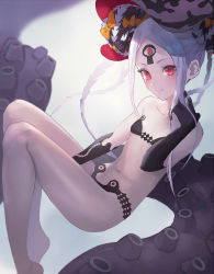 Rule 34 | 1girl, abigail williams (fate), abigail williams (swimsuit foreigner) (fate), abigail williams (swimsuit foreigner) (first ascension) (fate), backlighting, bare shoulders, bikini, black bikini, black bow, black headwear, blush, bow, breasts, closed mouth, collarbone, colored skin, double bun, fate/grand order, fate (series), forehead, hair bun, highres, keyhole, legs, long hair, looking at viewer, multiple bows, navel, orange bow, otsukemono, parted bangs, polka dot, polka dot bow, red eyes, red headwear, revision, small breasts, smile, swimsuit, tentacles, third eye, two-tone headwear, very long hair, white hair, white skin
