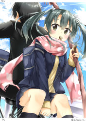 Rule 34 | 10s, 1boy, 1girl, alternate costume, back-to-back, bicycle, black hair, black skirt, black socks, blazer, blush, bow (weapon), bread slice, brown eyes, contemporary, food, food in mouth, grey hair, hair ribbon, hino (2nd life), jacket, kantai collection, kneehighs, looking at viewer, mouth hold, pink scarf, pleated skirt, ribbon, scarf, school uniform, sitting, skirt, socks, sweater, toast, toast in mouth, twintails, weapon, zuikaku (kancolle)