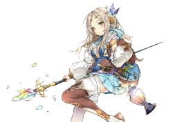 Rule 34 | 1girl, atelier (series), atelier firis, backpack, bag, blue skirt, blush, boots, brown hair, commentary request, detached sleeves, firis mistlud, from side, green eyes, highres, holding, holding staff, kuran (yourcatissick), lantern, long hair, long sleeves, looking at viewer, parted lips, pleated skirt, skirt, solo, staff, thigh boots, thighhighs, white background