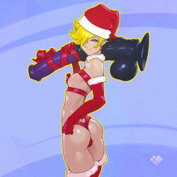 Rule 34 | 1boy, animal penis, ass, blonde hair, blue background, blue eyes, christmas, dildo, earrings, elbow gloves, gloves, hat, highres, holding, holding sex toy, horse dildo, huge dildo, jewelry, looking at viewer, nipples, original, penis, santa hat, sex toy, smile, solo, tailbox, thighhighs, trap