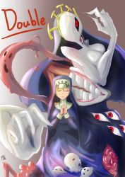 Rule 34 | 1girl, absurdres, blonde hair, claws, crown, double (skullgirls), dual persona, extra arms, extra eyes, extra mouth, closed eyes, grey background, habit, highres, monster, nun, own hands together, red eyes, skullgirls, solo, tentacles