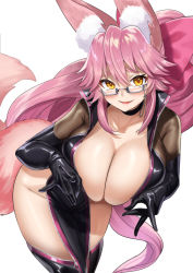 Rule 34 | 1girl, animal ear fluff, animal ears, black bodysuit, blush, bodysuit, bow, breasts, center opening, choker, cleavage, fate/grand order, fate (series), fox ears, fox girl, fox tail, glasses, hair between eyes, hair bow, hip vent, koyanskaya (assassin) (first ascension) (fate), koyanskaya (fate), large breasts, long hair, looking at viewer, muunyan (yumenekoya), pink bow, pink hair, ponytail, revision, sidelocks, smile, solo, tail, tamamo (fate), thighs, white background, yellow eyes