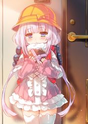Rule 34 | 10s, 1girl, backpack, bag, beads, blue eyes, blunt bangs, candy, capelet, center frills, chocolate, chocolate heart, food, frills, hair beads, hair ornament, hat, heart, highres, holding, kanna kamui, kobayashi-san chi no maidragon, light purple hair, long hair, low twintails, mayusaki yuu, school hat, solo, standing, thighhighs, twintails, valentine, white thighhighs