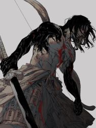 Rule 34 | 1boy, armor, ashina genichirou, blood, bow (weapon), cowboy shot, facial hair, faulds, highres, holding, holding sword, holding weapon, katana, long hair, looking away, male focus, parted lips, partially colored, piyomotsu, sekiro: shadows die twice, simple background, solo, standing, stubble, sword, topless male, weapon, weapon on back