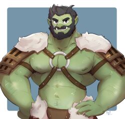 Rule 34 | 1boy, abs, armor, armpit hair, armpit hair peek, bara, bare pectorals, black hair, borrowed character, brown eyes, colored skin, cowboy shot, facial hair, green skin, greg (henchmandraws), grin, hands on own hips, highres, japanese armor, large pectorals, looking at viewer, mako (mako owo), male focus, mature male, monster boy, muscular, muscular male, mustache, navel, navel hair, nipples, o-ring, o-ring top, orc, original, pectorals, pointy ears, revealing clothes, scar, scar on face, scar on nose, short hair, smile, solo, stomach, tusks