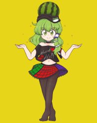 Rule 34 | 1girl, black pantyhose, black shirt, closed mouth, clothes writing, commission, cosplay, food, frog hair ornament, fruit, green eyes, hair ornament, hecatia lapislazuli, hecatia lapislazuli (cosplay), highres, keb00b, kochiya sanae, looking at viewer, multicolored clothes, multicolored skirt, pantyhose, pixiv commission, plaid, plaid skirt, shirt, simple background, skirt, smile, solo, touhou, watermelon, yellow background