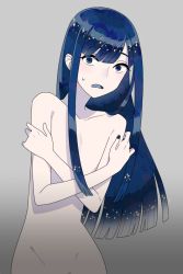 Rule 34 | :o, androgynous, artist request, blue eyes, blue hair, blue nails, blunt bangs, covering privates, covering breasts, crystal hair, gender request, highres, houseki no kuni, lapis lazuli (houseki no kuni), long hair, looking at viewer, nail polish, nude, open mouth, solo, sparkle