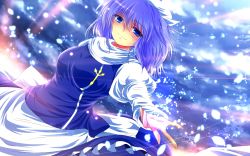 Rule 34 | 1girl, apron, blue dress, blue eyes, blue hair, dress, female focus, hat, highres, juliet sleeves, letty whiterock, long sleeves, looking at viewer, matching hair/eyes, nekominase, outstretched arm, outstretched hand, puffy sleeves, smile, snow, solo, touhou, waist apron