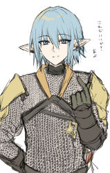 Rule 34 | 1boy, armor, blue eyes, blue hair, chainmail, final fantasy, final fantasy xiv, finger heart, gloves, grey gloves, hair between eyes, hand on own hip, hand up, haurchefant greystone, highres, kinona, looking at viewer, male focus, pointy ears, simple background, smile, solo, upper body, white background