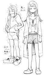 Rule 34 | 1girl, camisole, denim, denim shorts, expressionless, full body, gakuen idolmaster, greyscale, hair ornament, hairclip, hands in pockets, highres, idolmaster, jacket, long hair, looking at viewer, monochrome, multiple views, open clothes, open jacket, shinosawa hiro, shoes, shorts, simple background, sneakers, track jacket, trembling, uchu nabe
