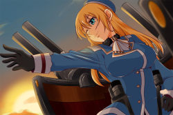 Rule 34 | 10s, 1girl, atago (kancolle), beret, black gloves, blonde hair, blue eyes, breasts, gloves, gradient background, hand on own hip, hat, kantai collection, long hair, machinery, nishi koutarou, one eye closed, outstretched arm, smile, solo, sunset, upper body