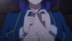 Rule 34 | animated, animated gif, anime screenshot, breasts, cleavage, gif artifacts, kinsou no vermeil, large breasts, lowres, purple hair, red eyes, screencap, tagme, vermeil (kinsou no vermeil)