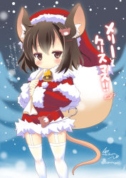 Rule 34 | 1girl, animal ears, bell, blush, brown eyes, brown hair, christmas, commentary request, dress, fur trim, garter straps, hair ornament, hairclip, hat, highres, mouse ears, mouse tail, nagomi tozakura, original, outdoors, red dress, red hat, sack, safety pin, santa hat, short dress, short hair, snow, solo, tail, thighhighs, translation request, white thighhighs