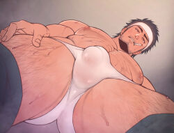 Rule 34 | 1boy, abs, bara, beard, briefs, bulge, cigarette, clothes pull, covered penis, crotch, facial hair, foreshortening, from below, gluteal fold, headband, kiyoshi (tsuzura802807), large pectorals, leg hair, looking at viewer, looking down, male focus, male underwear, mature male, muscular, muscular male, nipples, open pants, original, pants, pants pull, pectorals, perspective, see-through, short hair, sideburns, smoking, solo, stomach, stubble, sweat, thick thighs, thighs, topless male, underwear, wet, wet clothes, wet male underwear, white headband, white male underwear