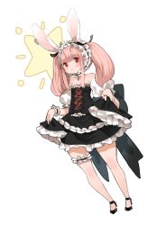 Rule 34 | 1girl, :&lt;, animal ears, ankle strap, bare shoulders, black bow, black footwear, blunt bangs, bow, bridal garter, closed mouth, commentary request, cross-laced clothes, eyelashes, flat chest, frilled straps, frills, full body, high heels, highres, jewelry, kkaebing, lace, legs apart, lifting own clothes, long bangs, long sleeves, low twintails, maid, maid headdress, necklace, original, pink hair, puffy sleeves, rabbit ears, rabbit girl, red eyes, ring, simple background, solo, star (symbol), thigh strap, twintails, v-shaped eyebrows, white background