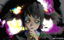 Rule 34 | 1girl, abstract background, bird wings, black capelet, black hair, black lips, black sclera, capelet, chinese commentary, colored sclera, commentary request, distortion, empty eyes, feathered wings, final fantasy, final fantasy xiv, glitch, hands up, head wings, highres, looking at viewer, meteion, own hands clasped, own hands together, portrait, short bangs, short hair, solo, straight-on, taketori, weibo logo, weibo username, white eyes, wings