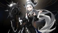 Rule 34 | 1girl, absurdres, arknights, bare shoulders, black dress, black hat, circular saw, commentary, detached sleeves, dress, genshin impact, grey hair, hand up, hat, highres, holding, holding weapon, long hair, looking at viewer, lsha, red eyes, saw, smile, solo, specter (arknights), specter (genshin impact), specter the unchained (arknights), very long hair, weapon