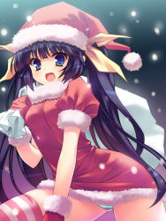 Rule 34 | 1girl, :d, bag, blue eyes, fang, hal, hat, looking at viewer, open mouth, panties, purple hair, sack, santa costume, santa hat, smile, snow, solo, striped clothes, striped thighhighs, thighhighs, twintails, underwear, yasaka minato