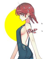 Rule 34 | 1girl, arm scarf, bare arms, braid, breasts, circle, closed mouth, cowboy shot, flower, from side, grey eyes, hair flower, hair ornament, looking at viewer, medium breasts, medium hair, myeong7m, naked overalls, original, overalls, profile, red hair, red scarf, scarf, sideboob, sideways glance, solo, striped clothes, striped scarf, twin braids, white background, white flower, white scarf, yellow background