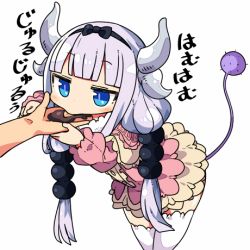 Rule 34 | 10s, 1girl, adapted costume, beads, blue eyes, blush, bow, capelet, dragon girl, dragon horns, dress, hair beads, hair bow, hair ornament, hairband, horn bow, horn ornament, horns, kanikama, kanna kamui, kobayashi-san chi no maidragon, light purple hair, long hair, lowres, simple background, solo, tail, tail bow, tail ornament, thighhighs, translation request, twintails, white background, white thighhighs
