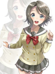 Rule 34 | 10s, 1girl, :d, blue eyes, blush, bow, bowtie, commentary request, cowboy shot, green shirt, grey hair, grey sailor collar, grey skirt, highres, long sleeves, love live!, love live! sunshine!!, open mouth, pleated skirt, red bow, red bowtie, round teeth, sailor collar, school uniform, serafuku, shirt, simple background, sin (sin52y), skirt, smile, solo, teeth, upper teeth only, uranohoshi school uniform, watanabe you, white background, zoom layer