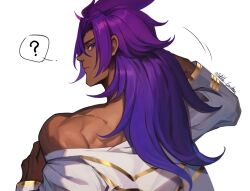 Rule 34 | 1boy, ?, bare shoulders, bhima (fate), dark-skinned male, dark skin, edith-lang, embroidery, fate/grand order, fate (series), gold trim, hair between eyes, long hair, looking at viewer, looking back, male focus, muscular, muscular male, purple eyes, purple hair, removing jacket, shirt, sidelocks, signature, white background, white shirt