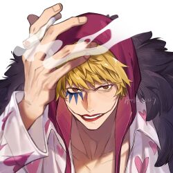 Rule 34 | 1boy, black cape, blonde hair, brown eyes, cape, cigarette, collared shirt, dated, donquixote rocinante, facial mark, fur cape, grin, heart, heart print, highres, holding, holding cigarette, jyukawa, looking at viewer, male focus, one piece, open clothes, open shirt, pink shirt, portrait, print shirt, purple hood, red lips, shirt, short hair, simple background, smile, smoking, solo, white background