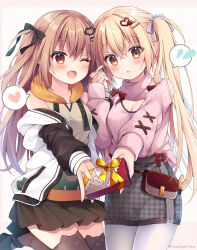Rule 34 | 2girls, ;d, animal ear legwear, bag, black bow, black footwear, blonde hair, blush, bow, box, breasts, brown hair, brown hoodie, brown skirt, brown thighhighs, cat ear legwear, cat hair ornament, cleavage, cleavage cutout, clothing cutout, commentary request, fang, flying sweatdrops, gift, gift box, grey bow, grey skirt, hair between eyes, hair ornament, hairclip, heart, heart hair ornament, highres, holding, holding gift, holding hands, hood, hood down, hoodie, houndstooth, interlocked fingers, izumiyuhina, jacket, long sleeves, medium breasts, multiple girls, nail polish, off shoulder, one eye closed, open clothes, open jacket, open mouth, original, pantyhose, pink nails, pink sweater, pleated skirt, print skirt, puffy long sleeves, puffy sleeves, red eyes, revision, shoes, shoulder bag, simple background, skirt, sleeves past wrists, smile, spoken flying sweatdrops, spoken heart, sweater, thighhighs, turtleneck, turtleneck sweater, twintails, two side up, valentine, white background, white jacket, white pantyhose