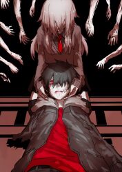 Rule 34 | 1boy, 1girl, black hair, blood, hair over one eye, itoshiki eru, jacket, looking at another, looking down, monster parade, pale skin, red eyes, red shirt, shirt, stitched mouth, stitches, tears