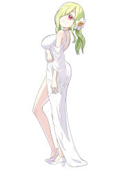 Rule 34 | 1girl, ass, blush, breasts, closed mouth, dress, flower, green hair, hair flower, hair ornament, hair over one eye, highres, jashin-chan dropkick, large breasts, looking at viewer, mumyou ishi, persephone (jashin-chan dropkick), red eyes, smile, solo, white dress