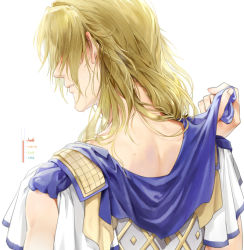 Rule 34 | 1boy, armor, bad id, bad pixiv id, blonde hair, changye, chiron (fate), fate/grand order, fate (series), from behind, holding, long hair, male focus, manly, messy hair, nape, parted lips, profile, simple background, sleeveless, solo, sweat, upper body, white background