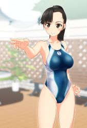 Rule 34 | 1girl, absurdres, asymmetrical bangs, black hair, blue one-piece swimsuit, blurry, breasts, brown eyes, chair, commentary request, competition swimsuit, cowboy shot, depth of field, fence, girls und panzer, girls und panzer gekijouban, highleg, highleg swimsuit, highres, light smile, long hair, medium breasts, nishi kinuyo, one-piece swimsuit, parted lips, ponytail, solo, swimsuit, table, takafumi, two-tone swimsuit