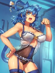 Rule 34 | 1girl, ;d, animal ears, babydoll, blue eyes, blue hair, breasts, cat ears, cat tail, cleavage, corset, covered erect nipples, cowboy shot, fang, fishnet panties, fishnet thighhighs, fishnets, garter straps, hair ornament, hand on own hip, highres, kaku seiga, large breasts, lingerie, looking at viewer, matching hair/eyes, melon22, nyan, one eye closed, open mouth, paw pose, smile, solo, tail, thighhighs, touhou, underwear