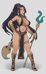 Rule 34 | 1girl, armpits, black hair, blunt bangs, boots, breasts, cleavage, dark-skinned female, dark skin, detached collar, earrings, full body, hand on own hip, high ponytail, highres, houtengeki, jewelry, large breasts, loincloth, looking at viewer, navel, necklace, original, pelvic curtain, ponytail, red eyes, revealing clothes, simple background, solo, staff, standing, tagme, tan, thigh strap, thighs, white background