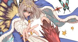 Rule 34 | 1boy, absurdres, arthropod boy, artist name, b4paramore, blue cloak, blue eyes, bug, butterfly, butterfly wings, cloak, crown, diamond hairband, fate/grand order, fate (series), fur-trimmed cloak, fur trim, grey hair, highres, holding, holding polearm, holding weapon, insect, insect wings, long sleeves, looking at viewer, male focus, medium hair, moth, oberon (fate), polearm, simple background, smile, solo, upper body, weapon, white background, wings