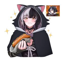 Rule 34 | 1girl, :i, animal hood, black choker, black cloak, black dress, black hair, black nails, blush, breasts, choker, cleavage, cloak, closed mouth, commentary, cropped torso, dress, eating, english commentary, fingernails, food, food on face, grey hair, holding, holding food, hololive, hololive english, hood, hooded cloak, hot dog, lace, lace choker, large breasts, long hair, looking at viewer, multicolored hair, nail polish, pendant choker, reference inset, rinny rin2, shiori novella, shiori novella (1st costume), simple background, sparkle, split-color hair, striped arm warmers, two-tone hair, virtual youtuber, white background, yellow eyes