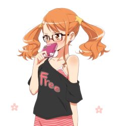 Rule 34 | 10s, 1girl, anjou naruko, ano hi mita hana no namae wo bokutachi wa mada shiranai., bare shoulders, blush, brown eyes, brown hair, clothes writing, covering face, covering own mouth, covering privates, earrings, flat chest, glasses, jewelry, maro nie, nail polish, off shoulder, orange hair, shirt, simple background, solo, t-shirt, twintails, upper body