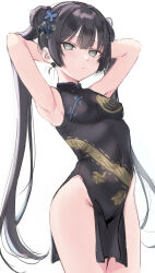 Rule 34 | 1girl, armpits, arms behind head, black dress, black hair, blue archive, breasts, butterfly hair ornament, china dress, chinese clothes, covered navel, double bun, dragon print, dress, grey eyes, groin, hair bun, hair ornament, highres, kisaki (blue archive), long hair, pelvic curtain, print dress, small breasts, solo, takio (kani sama), twintails, wide hips