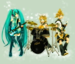 Rule 34 | 1boy, 2girls, aqua hair, band, bass guitar, brother and sister, drum, drum set, guitar, haruo (clownberry), hatsune miku, highres, instrument, kagamine len, kagamine rin, long hair, multiple girls, sailor collar, siblings, thighhighs, twins, twintails, very long hair, vocaloid
