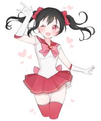 Rule 34 | 1girl, ;d, artist name, bad id, bad twitter id, bishoujo senshi sailor moon, black hair, blush, bow, cosplay, cropped legs, earrings, elbow gloves, gloves, hair bow, happy, heart, heart earrings, jewelry, lace, lace-trimmed legwear, lace-trimmed skirt, lace trim, long hair, love live!, love live! school idol project, m/, magical girl, marin (myuy 3), one eye closed, open mouth, parody, red eyes, red thighhighs, sailor senshi, sailor senshi (cosplay), skirt, smile, solo, thigh gap, thighhighs, twintails, unofficial sailor senshi uniform, white gloves, wink, yazawa nico, zettai ryouiki