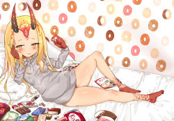 Rule 34 | 1girl, absurdres, barefoot, blonde hair, claws, eating, fate/grand order, fate (series), feet, female focus, food, highres, horns, ibaraki douji (fate), long hair, looking at viewer, lying, mutti-z, on back, oni, oni horns, pixiv id 2527306, pointy ears, shiny skin, smile, solo, sweater, sweets, yellow eyes