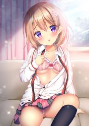 Rule 34 | 1girl, :p, arm support, black socks, blue sky, blurry, blurry background, blush, bow, bow bra, bra, breasts, cardigan, closed mouth, collarbone, collared shirt, commentary request, couch, curtains, day, depth of field, flower, frilled bra, frills, gochuumon wa usagi desu ka?, hair between eyes, hair flower, hair ornament, head tilt, hoto cocoa, indoors, kneehighs, light brown hair, long hair, long sleeves, on couch, open clothes, open shirt, panties, pink bra, pink flower, pink panties, pink skirt, plaid, plaid skirt, pleated skirt, purple eyes, shibainu niki, shirt, sitting, skirt, sky, sleeves past wrists, small breasts, smile, socks, solo, tongue, tongue out, underwear, white cardigan, white shirt, window