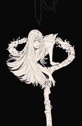 Rule 34 | 1girl, ambrosia (dungeon meshi), arm support, barefoot, commentary, dress, dungeon meshi, elf, fingernails, hair down, hair flowing over, highres, korean commentary, long hair, looking at viewer, lying, mabsosa6, marcille donato, on stomach, out of frame, outstretched arm, oversized object, plant, pointing, pointy ears, sharp fingernails, simple background, size difference, sketch, sleeveless, sleeveless dress, spoilers, staff, very long hair, vines, winged lion (dungeon meshi)