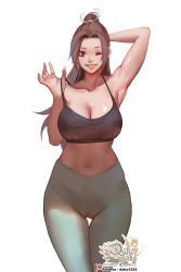 Rule 34 | 1girl, ;), arm behind head, armpits, artist name, breasts, brown eyes, brown hair, cleavage, collarbone, commentary, english commentary, fatal fury, hair ribbon, high-waist pants, highres, hu dako, large breasts, lips, long hair, looking at viewer, midriff, navel, one eye closed, pants, patreon username, ribbon, shiranui mai, simple background, smile, snk, solo, tank top, the king of fighters, thigh gap, white background, white ribbon