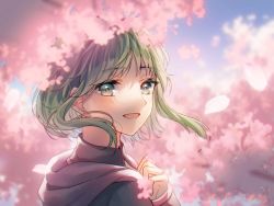 Rule 34 | 1girl, :d, aryuma772, blurry, cherry blossoms, day, depth of field, detached collar, floating hair, flower, green eyes, green hair, gumi, highres, long hair, open mouth, outdoors, pink flower, portrait, smile, solo, spring (season), vocaloid