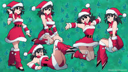 Rule 34 | 1girl, ass, black bow, black eyes, black footwear, black hair, bow, bowtie, breasts, christmas, cleavage, dress, fur trim, green background, hand up, highres, invisible chair, legs up, long hair, lucia (scott malin), lying, medium breasts, multiple views, on back, open mouth, original, panties, patterned background, red dress, red neckwear, red panties, santa costume, scott malin, seiza, shoes, sitting, smile, standing, underwear