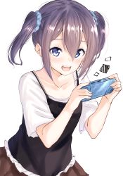 Rule 34 | 1girl, alternate hairstyle, black hair, blue eyes, blush, casual, collarbone, commentary request, eyebrows, hair between eyes, hair ornament, hair scrunchie, handheld game console, highres, holding, kyoo-kyon (kyo-kyon), open mouth, original, playstation vita, scrunchie, short sleeves, simple background, solo, suzunari shizuku, twintails, white background, yuki arare