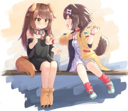 Rule 34 | 2girls, absurdres, animal ears, black shirt, blue footwear, blush, bone hair ornament, braid, bread, brown eyes, brown footwear, brown hair, cartoon bone, closed eyes, coat, dog ears, dog girl, dog tail, dress, eyebrows, food, hair ornament, hairclip, highres, hololive, inugami korone, inugami korone (1st costume), inuma makoto, long hair, looking at another, low twin braids, multiple girls, nabe-san, no pants, off shoulder, open mouth, paw shoes, reposmaro, sharing food, shirt, shoes, sitting, smile, socks, solo, tail, twin braids, twintails, virtual youtuber, white dress, yellow coat